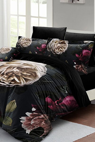 MonoHome 100% Cotton Satin Duvet Cover Set - Double, Elastic Sheet, Black Flower