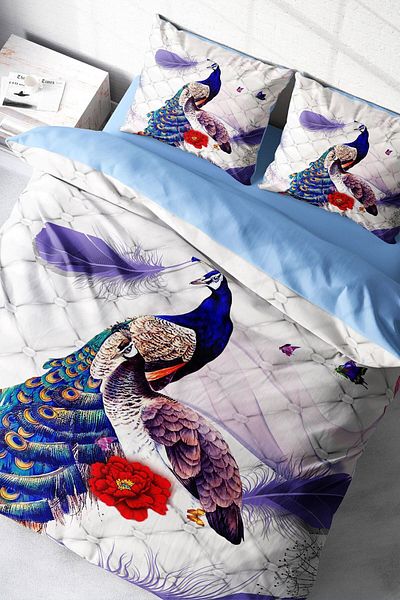 PerlaSera Peafowl 3D Design - Double Duvet Cover Set, Tightly Woven Cotton Satin