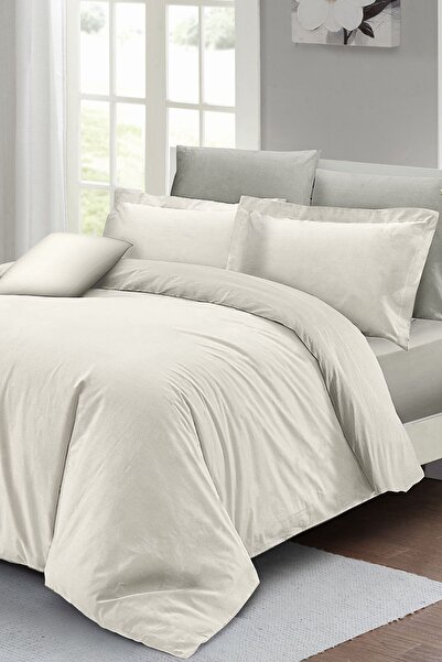 MonoHome Double Duvet Cover Set with Fitted Sheets Cream Lux Cotton Ranforce