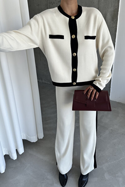 MODAGEN Fekete-fehér kötöttáru kardigán és nadrág szett