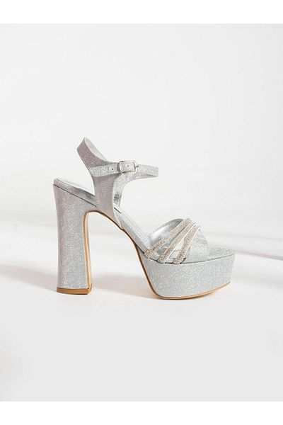 Alemdar Shoes Pantofi de damă cu toc cu detaliu din piatră argintie argintie DİNA