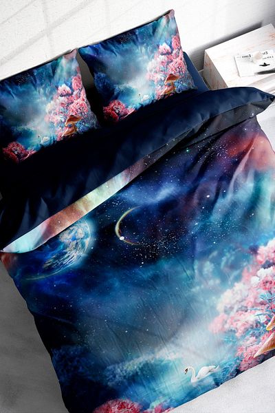 MonoHome 100% Cotton Satin Double Duvet Cover Set with Elastic Sheets Fantasy Dream
