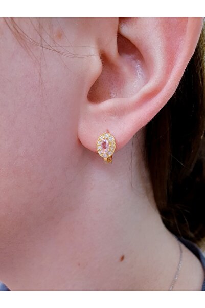 MAGRİB 22 ayar altın kaplama Pembe Taşlı Çiçekli Gümüş Çocuk Küpesi