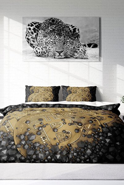 PerlaSera Bitcoin-1 Design personalizat 3D - Set de lenjerie de pat dublu, satin de bumbac țesut dens