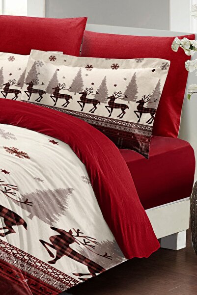 MonoHome Yılbaşı Nevresim Takımı Çift Kişilik %100 Pamuk Saten Red Deers