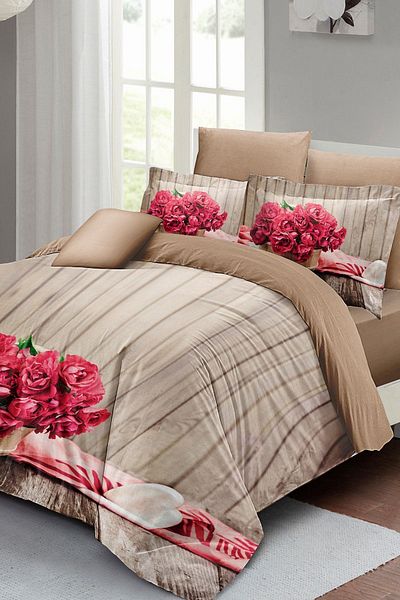 PerlaSera 3D Custom Design - Double Duvet Cover Set, Pink Flowers, Tight Woven Cotton Satin