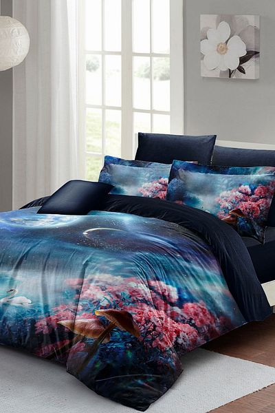 MonoHome 100% Cotton Satin Double Duvet Cover Set with Elastic Sheets Fantasy Dream