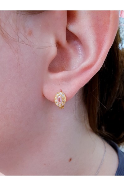 MAGRİB 22 ayar altın kaplama Pembe Taşlı Çiçekli Gümüş Çocuk Küpesi