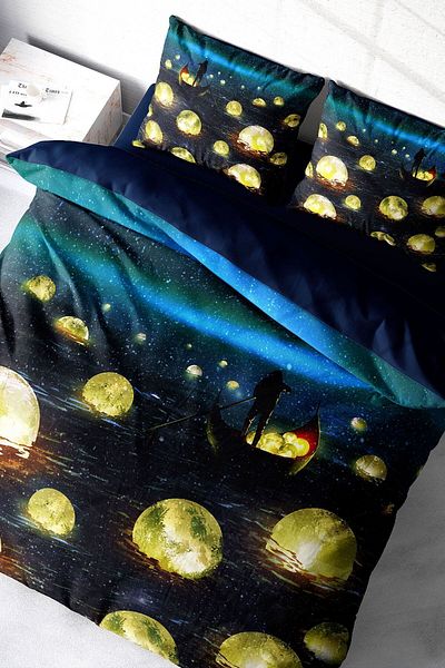 PerlaSera Moon River 3D Custom Design - Double Duvet Cover Set, Tight Woven Cotton Satin