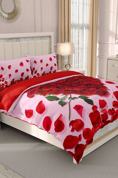 MonoHome Valentine's Day Double Duvet Cover Set 100% Cotton Satin 3d Rose Love