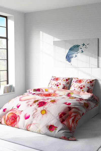 PerlaSera White Rose 3D Custom Design - Double Duvet Cover Set, Tight Woven Cotton Satin