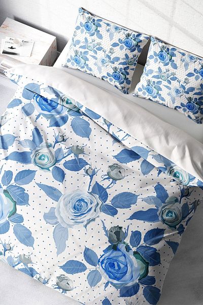 PerlaSera 3D Custom Design Duvet Cover Set - Tight Woven Cotton Satin, Blue Rose Freshness