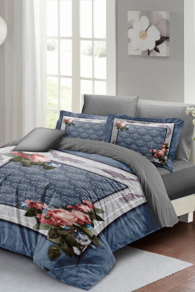 MonoHome Elastic Sheeted 100% Cotton Satin Double Duvet Set Blue Fantasy