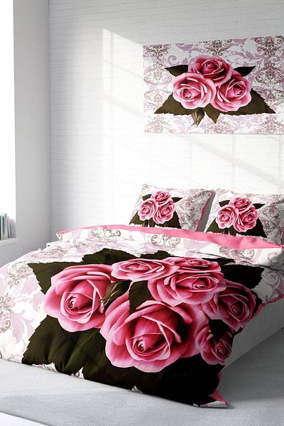 PerlaSera Double Duvet Cover Set Closely Woven Cotton Satin 3D Special Design Rose-1008 Natural (without sheets)