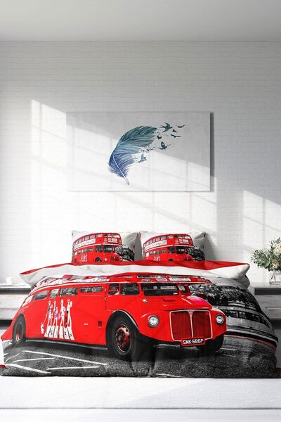 PerlaSera Design personalizat 3D - Set de lenjerie de pat dublu, satin de bumbac țesut dens, autobuz din Londra