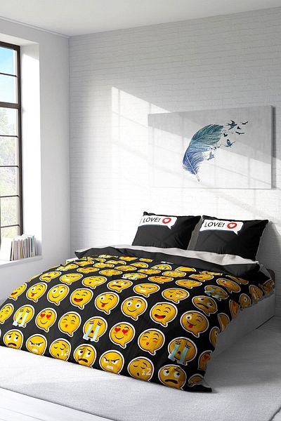 PerlaSera 3D Custom Design - Double Duvet Cover Set, Tightly Woven Cotton Satin, I Love Emoji
