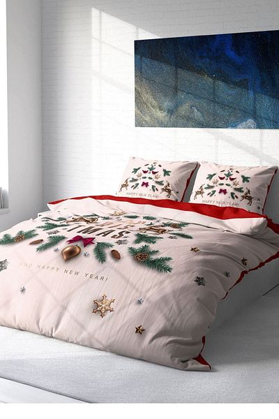 MonoHome New Year Duvet Cover Set (With Elastic Sheets) Double 100% Cotton Satin