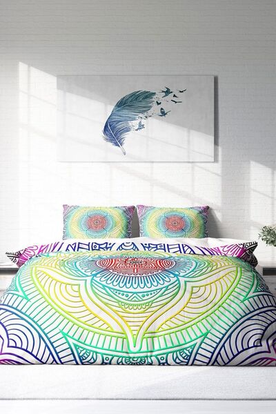 MonoHome Rainbow Double Satin Duvet Cover Set - 100% Cotton, with Elastic Sheets