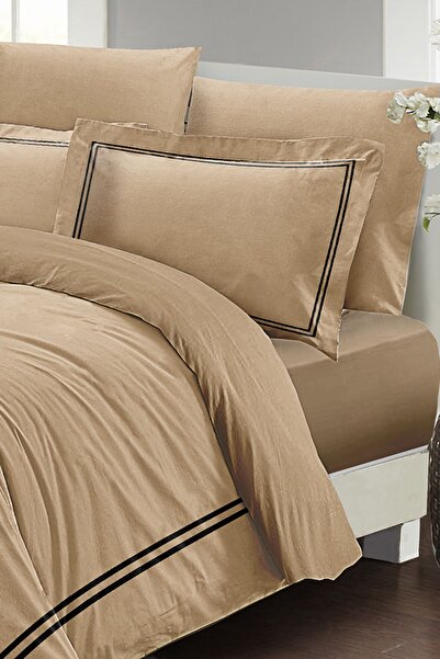 MonoHome 100% Cotton Satin Double Duvet Cover Set with Fitted Sheets Luxury Cotton Satin Brown