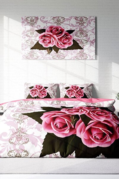 PerlaSera Double Duvet Cover Set Closely Woven Cotton Satin 3D Special Design Rose-1008 Natural (without sheets)