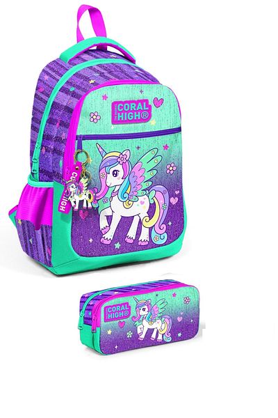 Yaygan Coral High Kids Purple Aqua Green Unicorn Patterned Set of 2 School Bags Set 0123487