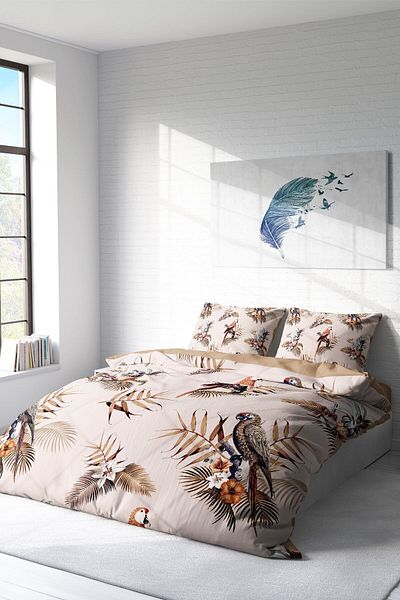 MonoHome 100% Cotton Satin Double Duvet Cover Set with Fitted Sheets Parrot Land