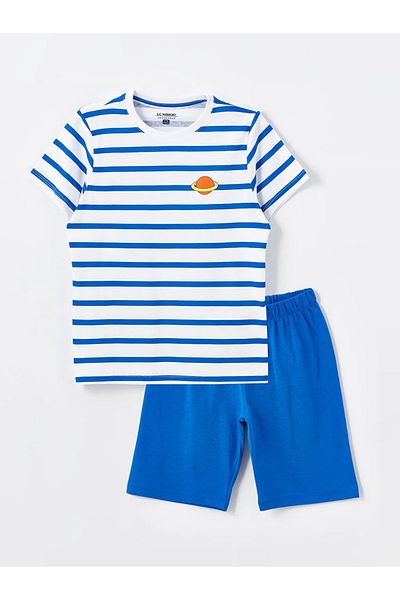 LC Waikiki LCW Kids Optical - Set de pijamale pentru băieți cu pantaloni scurți, imprimeu alb, dungi, decolteu, mânecă scurtă