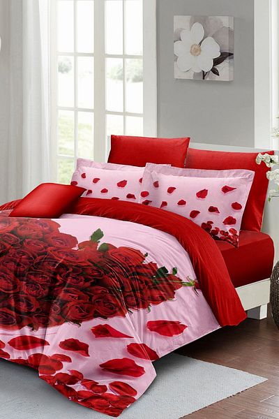 MonoHome Valentine's Day Special Double Duvet Cover Set Cotton Satin Rose Love
