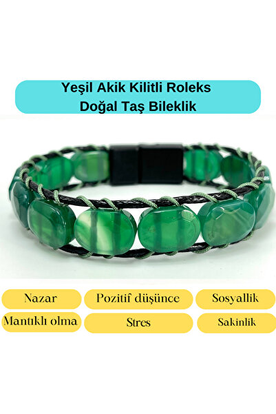 YILDIZ DOĞAL TAŞ Sertifikalı Yeşil Akik Kilit Kapama Roleks Doğal Taş Deri Bi...