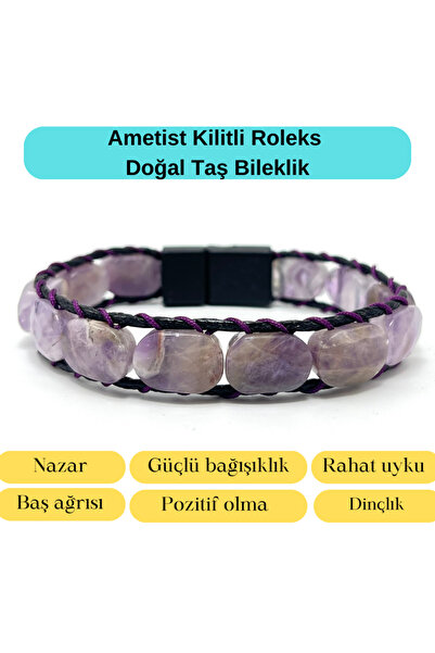 YILDIZ DOĞAL TAŞ Sertifikalı Ametist Kilit Kapama Roleks Doğal Taş Deri Bileklik
