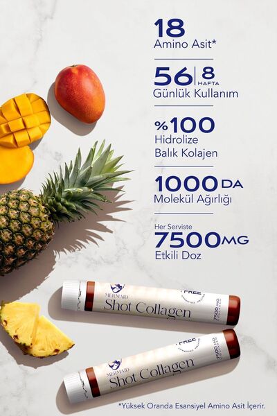 Mermaid Collagen بريميوم مارين - 8 أسابيع من الكولاجين والجلوتاثيون والهيالورونيك A.، البيوتين، فيتامين C.، المانجو والأناناس