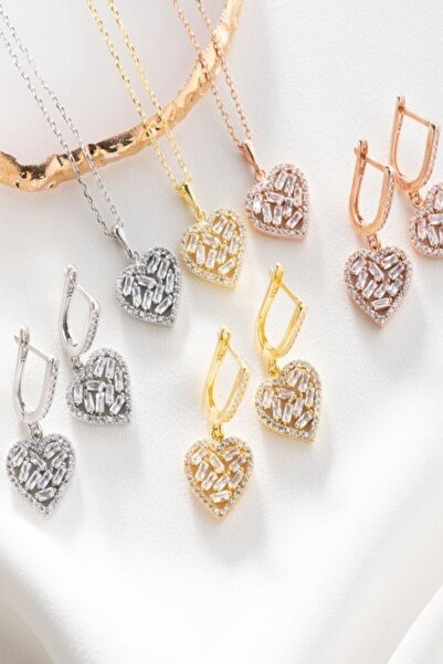 Silvano Jewelry 925 Ayar Gümüş Baget Taşlı Kalpli Kolye-Küpe Seti