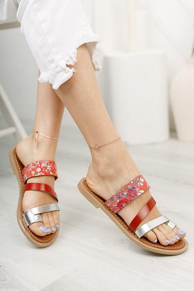 Riccon Flip-flops de damă din piele naturală cu model roșu 0012081