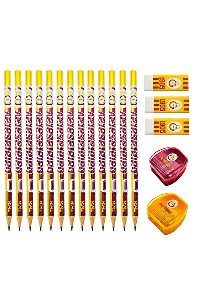 Galatasaray Yuvarlak Kurşun Kalem 12 Adet + Silgi 3 Adet+ Kalemtıraş 2 Adet