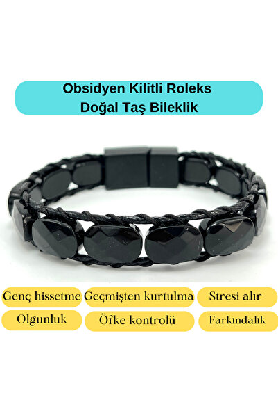 YILDIZ DOĞAL TAŞ Sertifikalı Obsidyen Kilit Kapama Roleks Doğal Taş Deri Bileklik