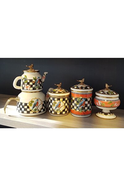 Miss Betty Vintage Kuşlu Dama Emaye Çaydanlık Seti 9381
