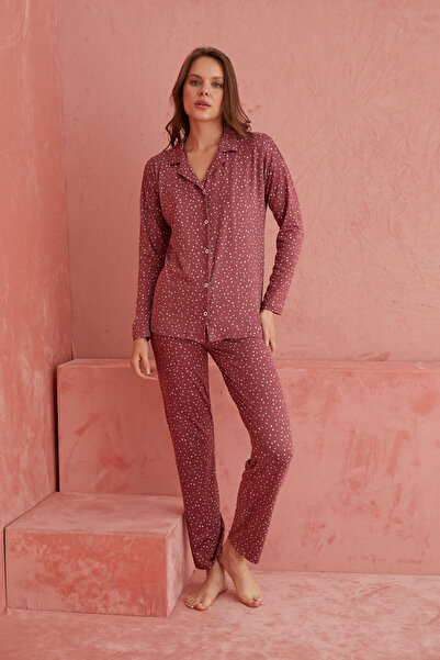 ELİTOL Bambusz hosszú ujjú poros rózsa pizsama szett - pontmintás és elülső gombos