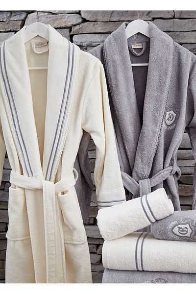 Dantela Line 6 Embroidered Cotton Bathrobe Set - Cream/Grey