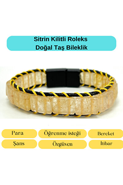 YILDIZ DOĞAL TAŞ Sertifikalı Sitrin Kilit Kapama Roleks Doğal Taş Deri Bileklik