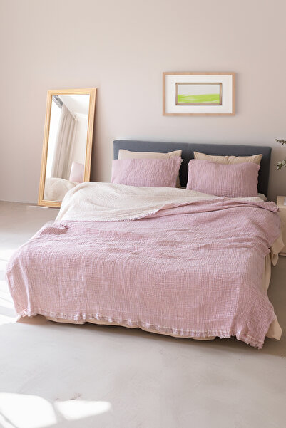 vivamaison 4 Layers Muslin Cotton King Size Pique Bedspread - Pink, Double Sided, 240x260 Cm