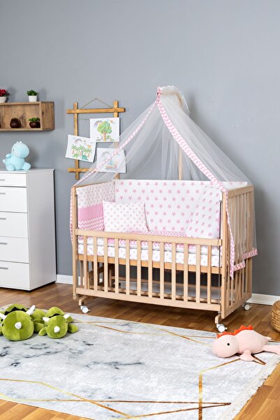 Bamgidoo Ahşap Beşik Anne Yanı Beşik Organik 70x130 - Pembe Yıldız 1 Yastıklı...
