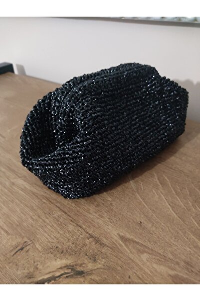 ÖZLEM HANDMADE Γυαλιστερή μαύρη πλεκτή βραδινή τσάντα