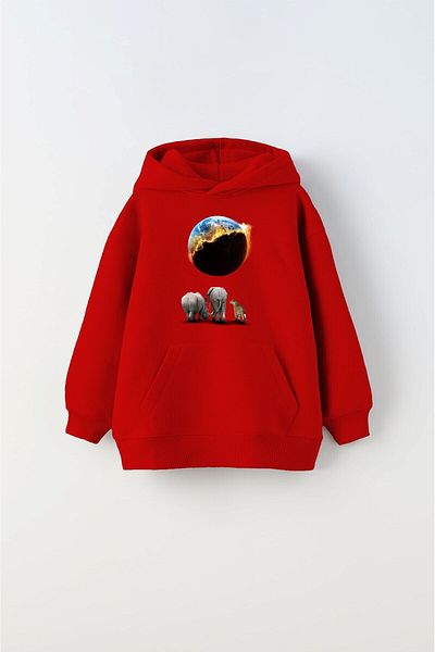 The Champ Clothing Унисекс детски суитшърт с качулка и полар, щампа Burning World и животни, червен