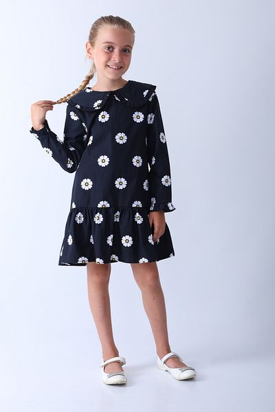 piamini Girl's Daisy Patterned Long Sleeve Woven Dress