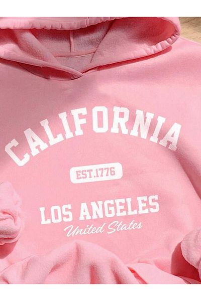 MORNİNG KİDS Hanorac roz pentru fetiță cu glugă - imprimat California
