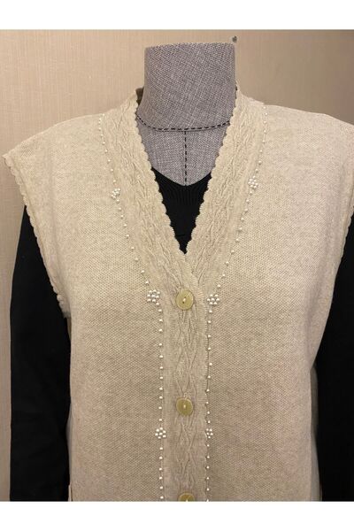 TEK Stylish Patterned and Beaded Mother's Vest - Pearl Detailed, Cream