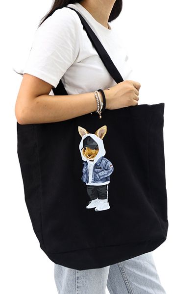 ICONE BAG Γυναικεία υφασμάτινη τσάντα μεγάλου όγκου Black Rabbit Printed - Για Χέρι και Ώμο
