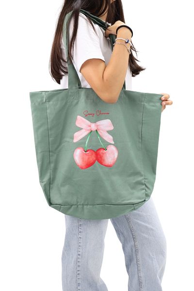 ICONE BAG Geantă tote pentru femei cu imprimeu verde cireșe cu volum mare - pentru mână și umăr