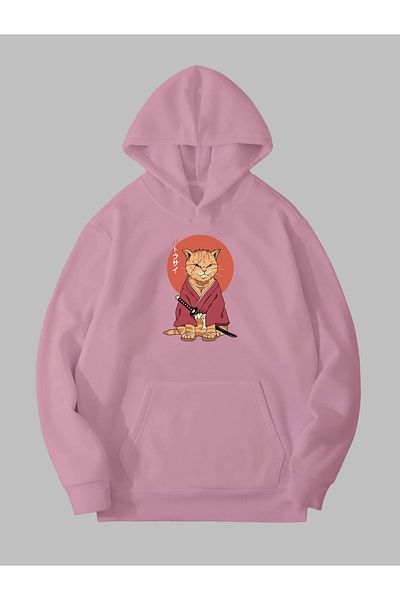 Harmandar Samurai Cat Printed Unisex Pink Φούτερ - Hoodie με κουκούλα με τσέπη καγκουρό