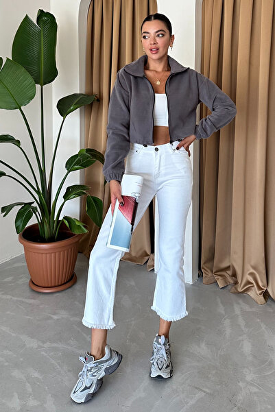 MODAGEN Kadın Fermuarlı Hırka Polar Crop Stoperli